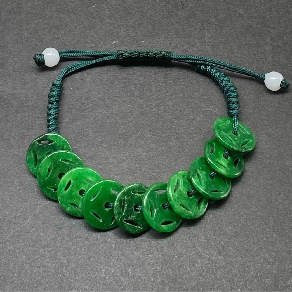 Vintage Genuine Jade Carved Coin Charm String Bracelet